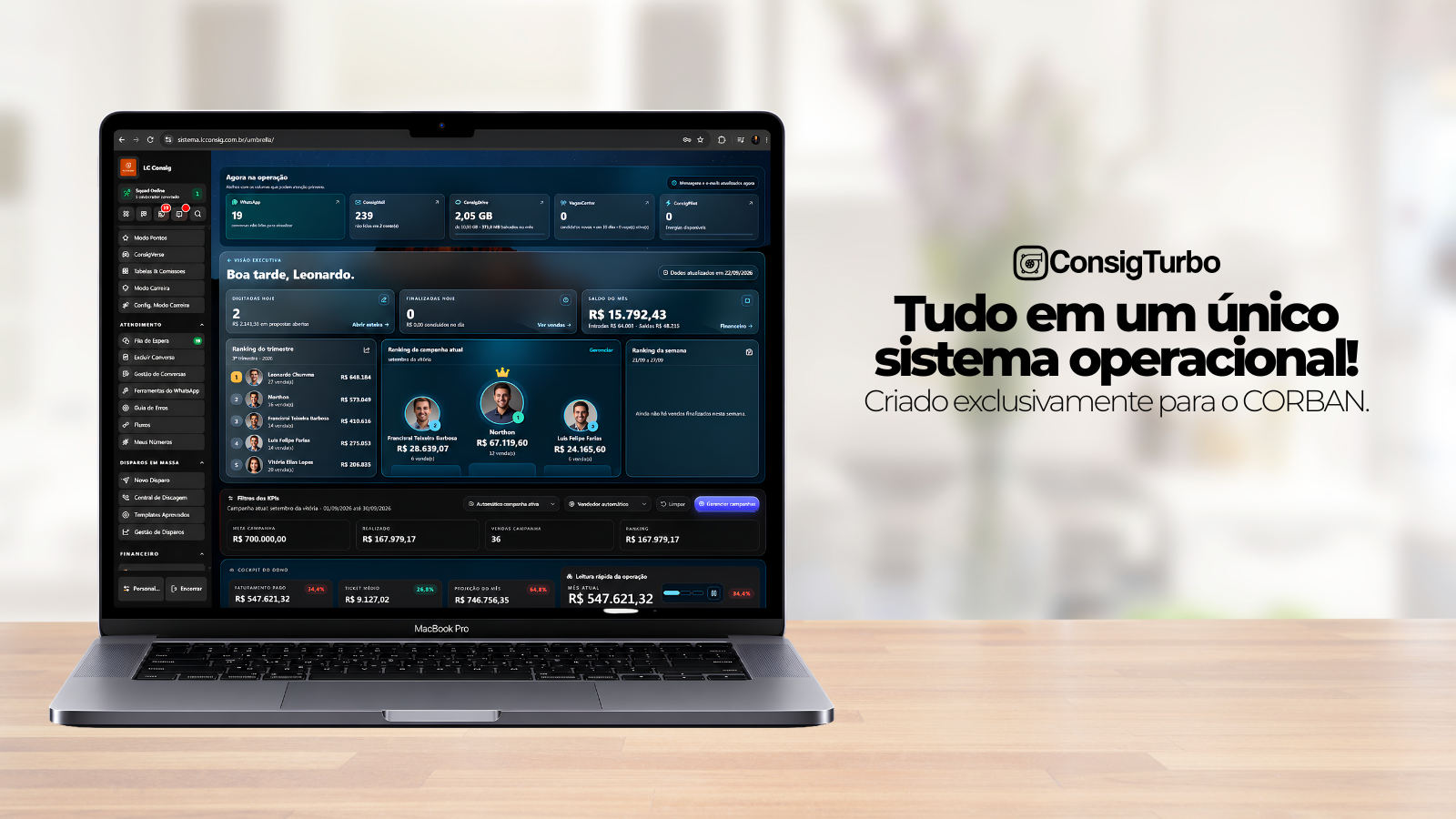 ConsigTurbo em notebook, com dashboard da operação e a mensagem Tudo em um único sistema operacional